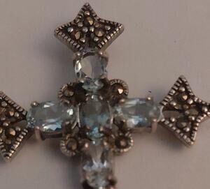 OBJ Vintage 925 Silver Aquamarine and Marcasite Cross Pendant.